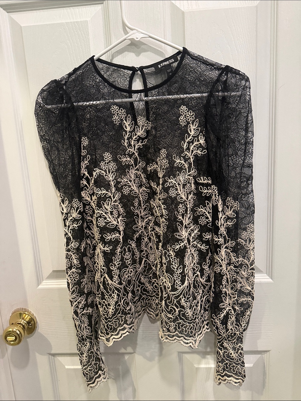 Express Black Lace Blouse with Cream Floral Embroidery Accents